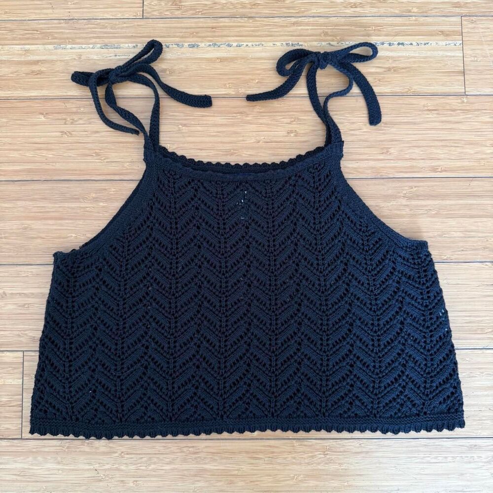 Gap Organic Cotton Crochet Crop Tank Small Black Tie Shoulder Boho Y2K